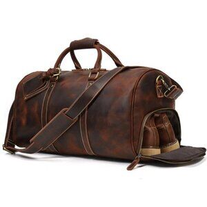 Brown Crazy Horse Leather Duffel Bag With Shoulder Strap & Handles Travel Bag